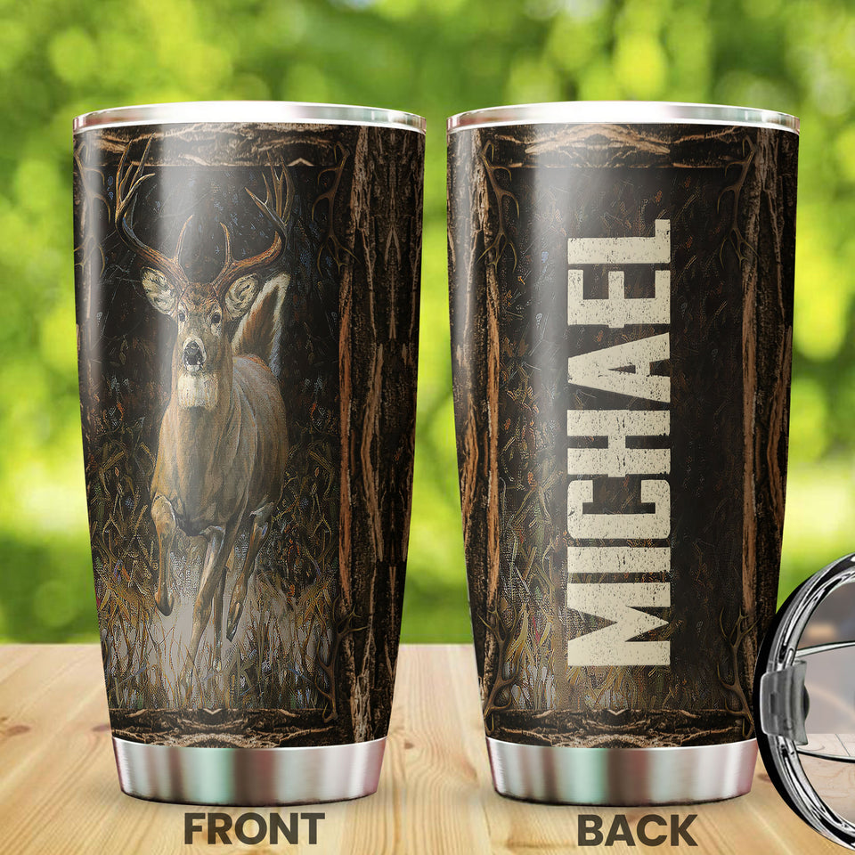 Camellia Personalized 3D Vintage Deer Running Stainless Steel Tumbler - Customized Double-Walled Insulation Travel Thermal Cup With Lid Gift For Deer Lover