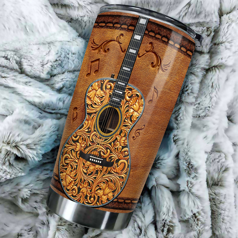 Camellia Personalized Guitar Leather Style Stainless Steel Tumbler - Customized Double-Walled Insulation Travel Thermal Cup With Lid Gift For Guitarist