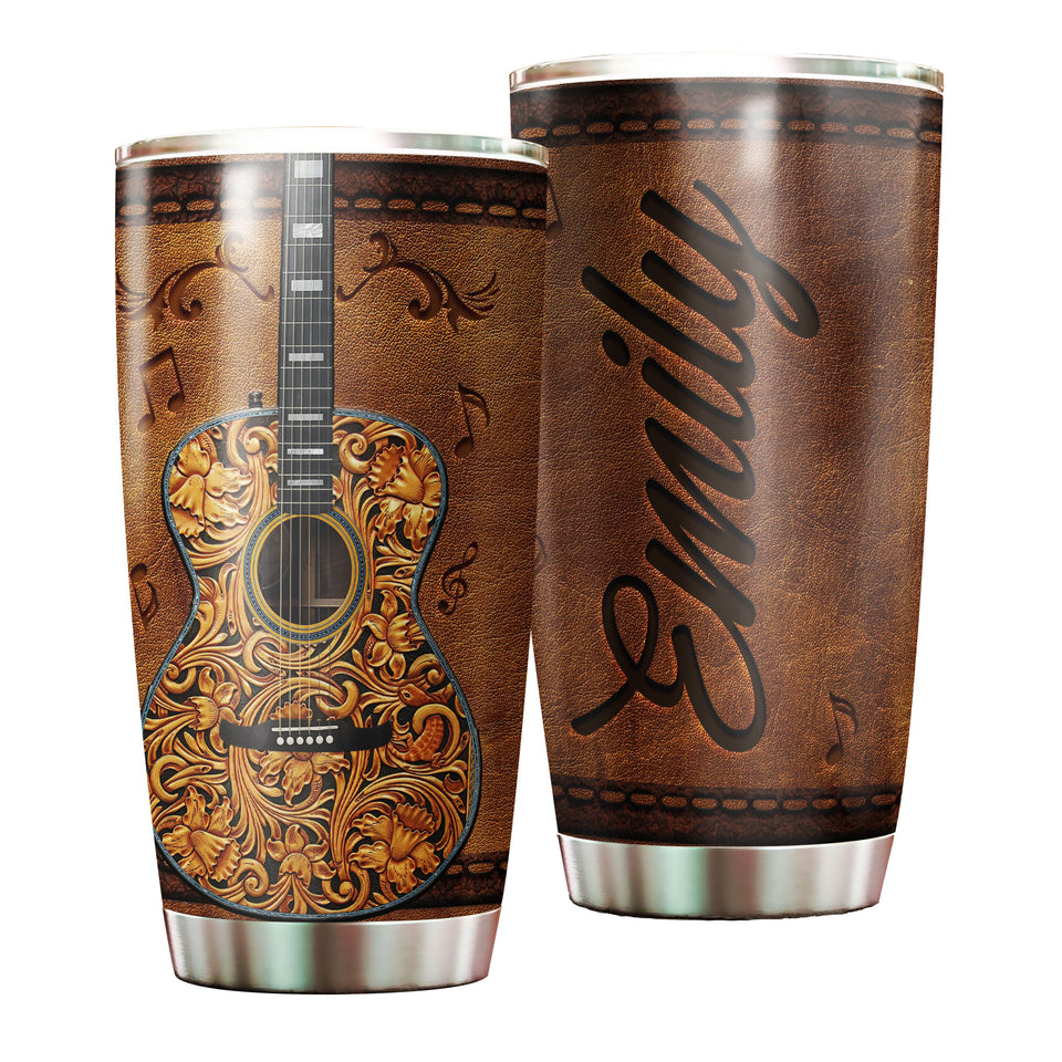 Camellia Personalized Guitar Leather Style Stainless Steel Tumbler - Customized Double-Walled Insulation Travel Thermal Cup With Lid Gift For Guitarist