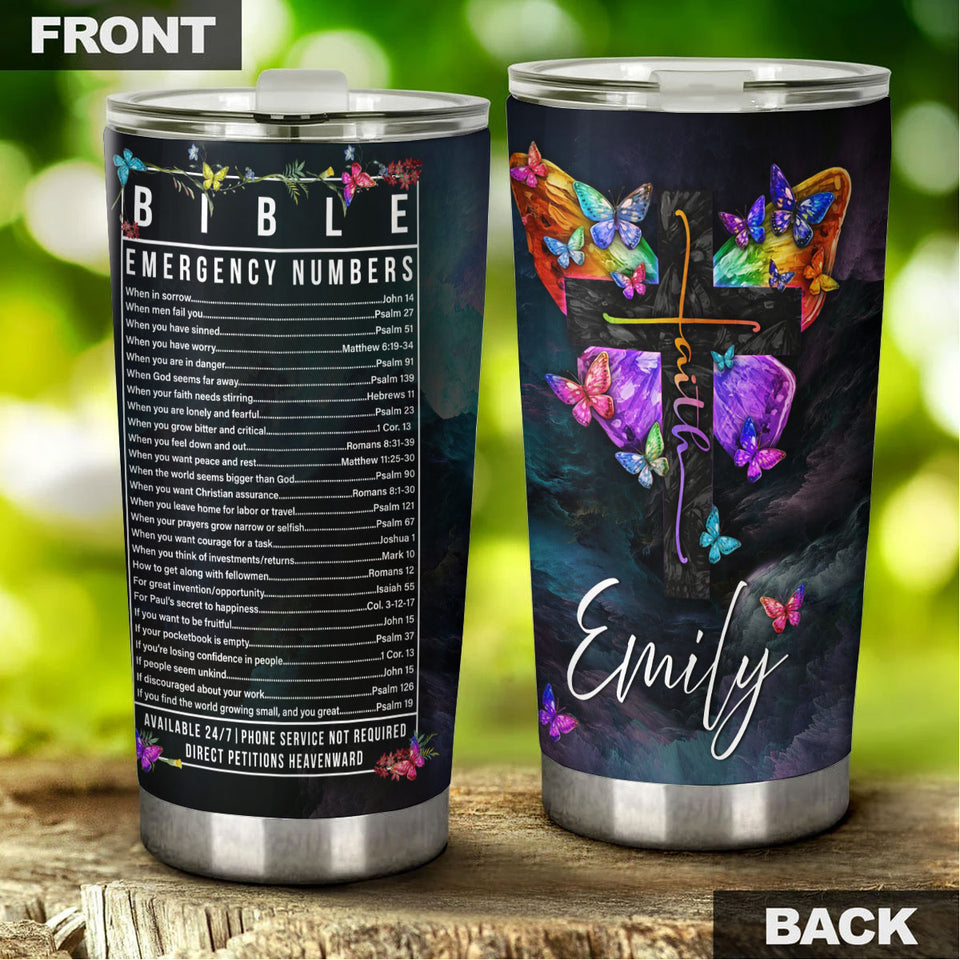 Camellia Personalized Butterfly Faith Cross Bible Emergency Numbers Stainless Steel Tumbler - Double-Walled Insulation Vacumm Flask - For Thanksgiving, Memorial Day, Christians, Christmas Gift
