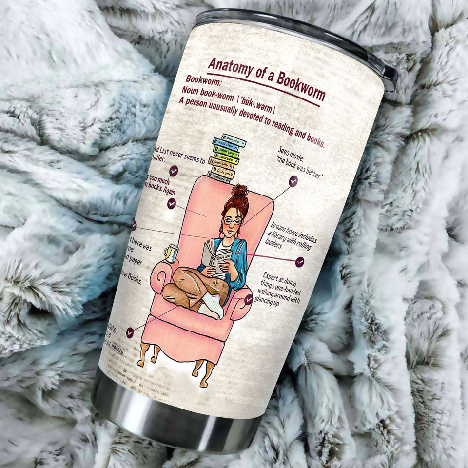 Camellia Personalized  Anatomy  Of A Bookworm Stainless Steel Tumbler - Double-Walled Insulation Vacumm Flask - Gift For Book Lovers, Nerd, International Book Day