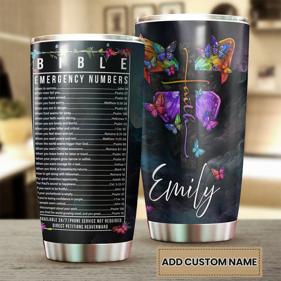 Camellia Personalized Butterfly Faith Cross Bible Emergency Numbers Stainless Steel Tumbler - Double-Walled Insulation Vacumm Flask - For Thanksgiving, Memorial Day, Christians, Christmas Gift
