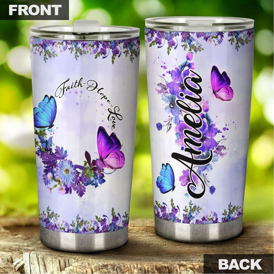 Camellia Personalized Butterfly Faith Flowers Stainless Steel Tumbler - Double-Walled Insulation Vacumm Flask - For Thanksgiving, Memorial Day, Christians, Christmas Gift