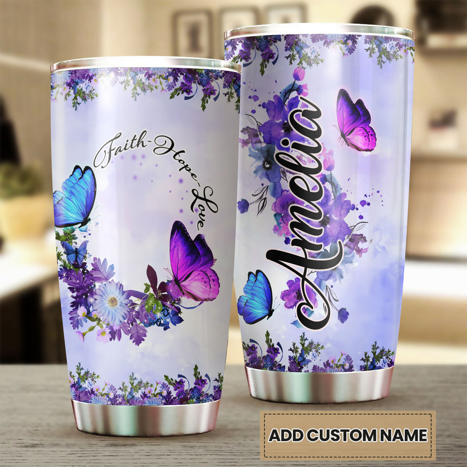 Camellia Personalized Butterfly Faith Flowers Stainless Steel Tumbler - Double-Walled Insulation Vacumm Flask - For Thanksgiving, Memorial Day, Christians, Christmas Gift