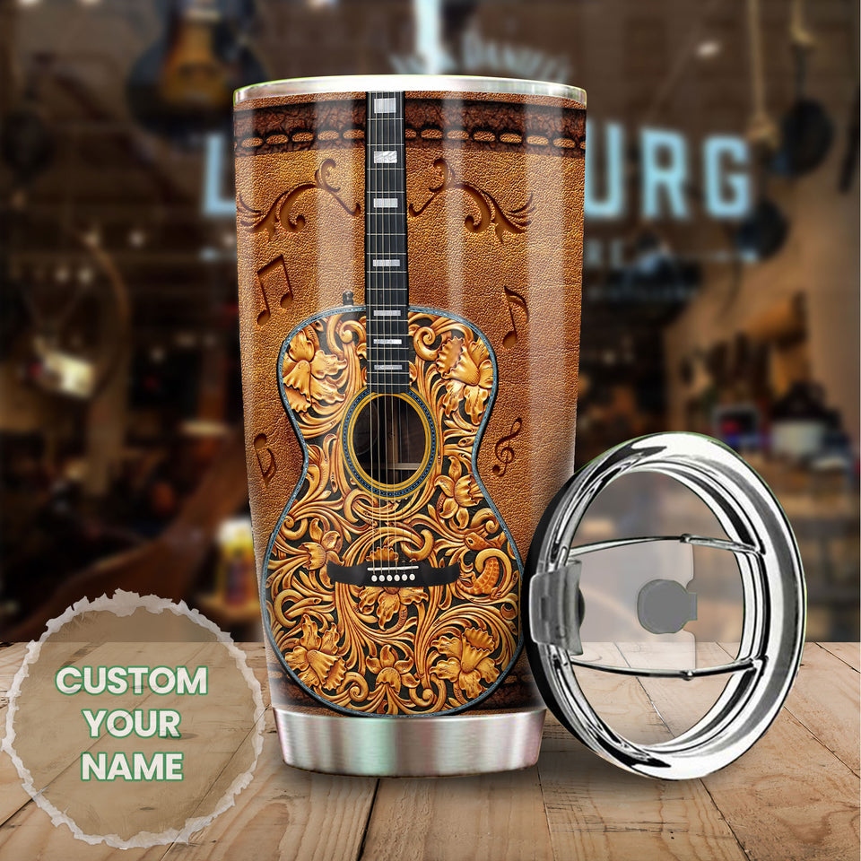 Camellia Personalized Guitar Leather Style Stainless Steel Tumbler - Customized Double-Walled Insulation Travel Thermal Cup With Lid Gift For Guitarist