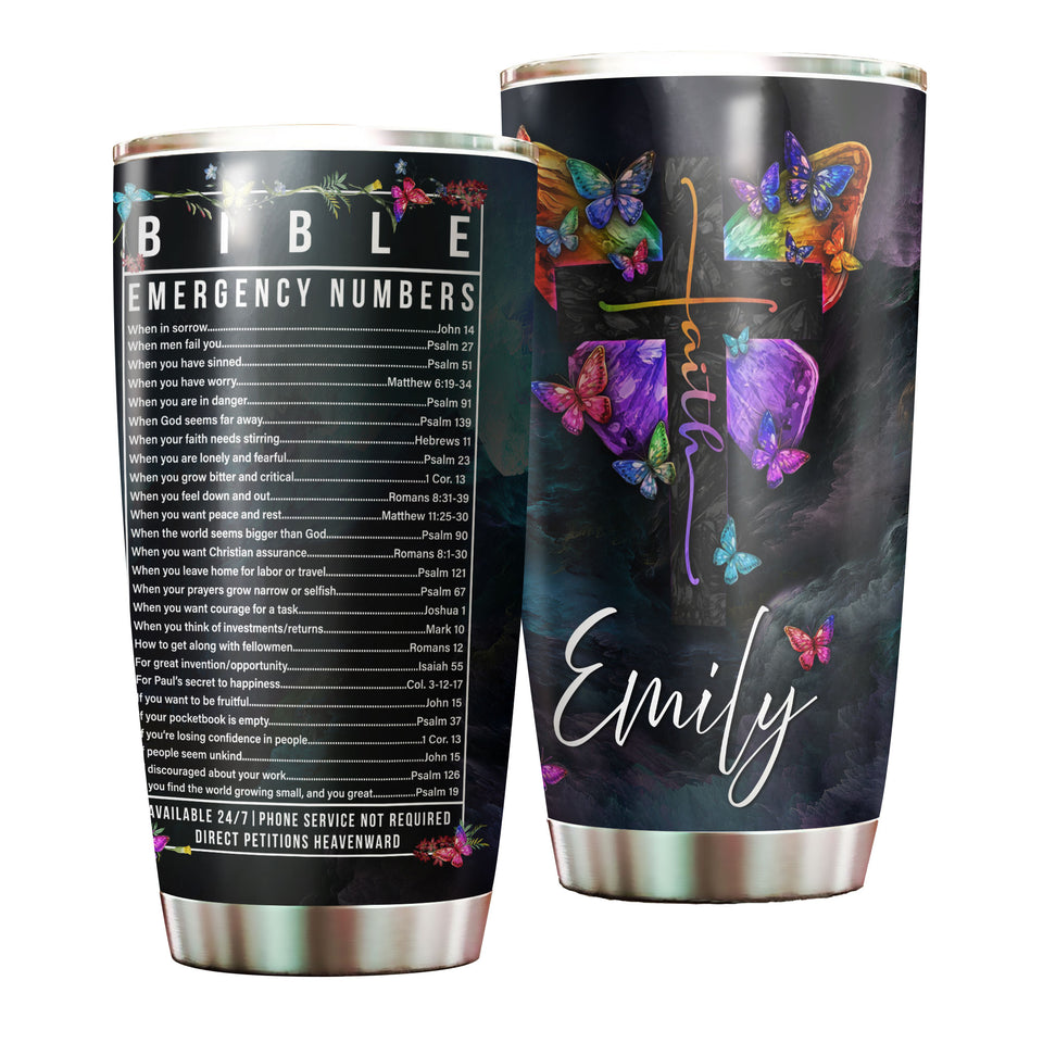 Camellia Personalized Butterfly Faith Cross Bible Emergency Numbers Stainless Steel Tumbler - Double-Walled Insulation Vacumm Flask - For Thanksgiving, Memorial Day, Christians, Christmas Gift