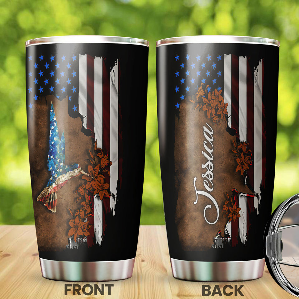 Camellia Personalized American Flag Hummingbird Stainless Steel Tumbler - Double-Walled Insulation Vacumm Flask - Gift For Christmas, Birthday