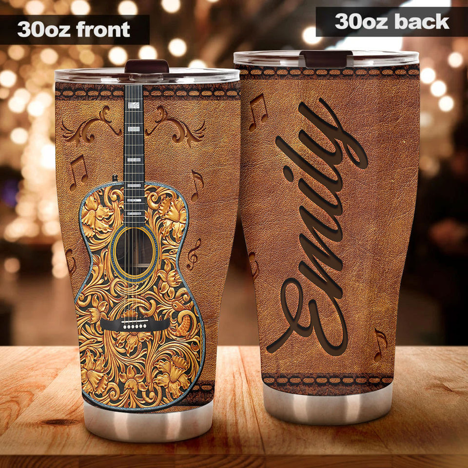 Camellia Personalized Guitar Leather Style Stainless Steel Tumbler - Customized Double-Walled Insulation Travel Thermal Cup With Lid Gift For Guitarist