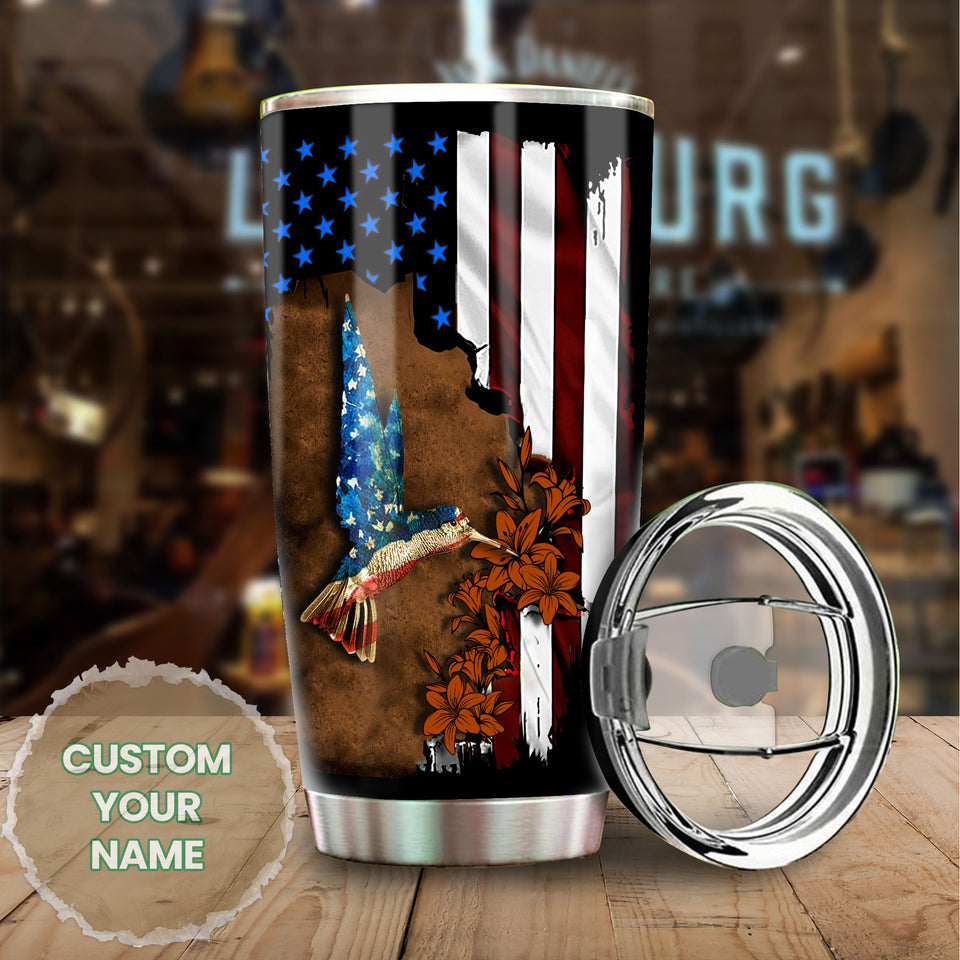 Camellia Personalized American Flag Hummingbird Stainless Steel Tumbler - Double-Walled Insulation Vacumm Flask - Gift For Christmas, Birthday
