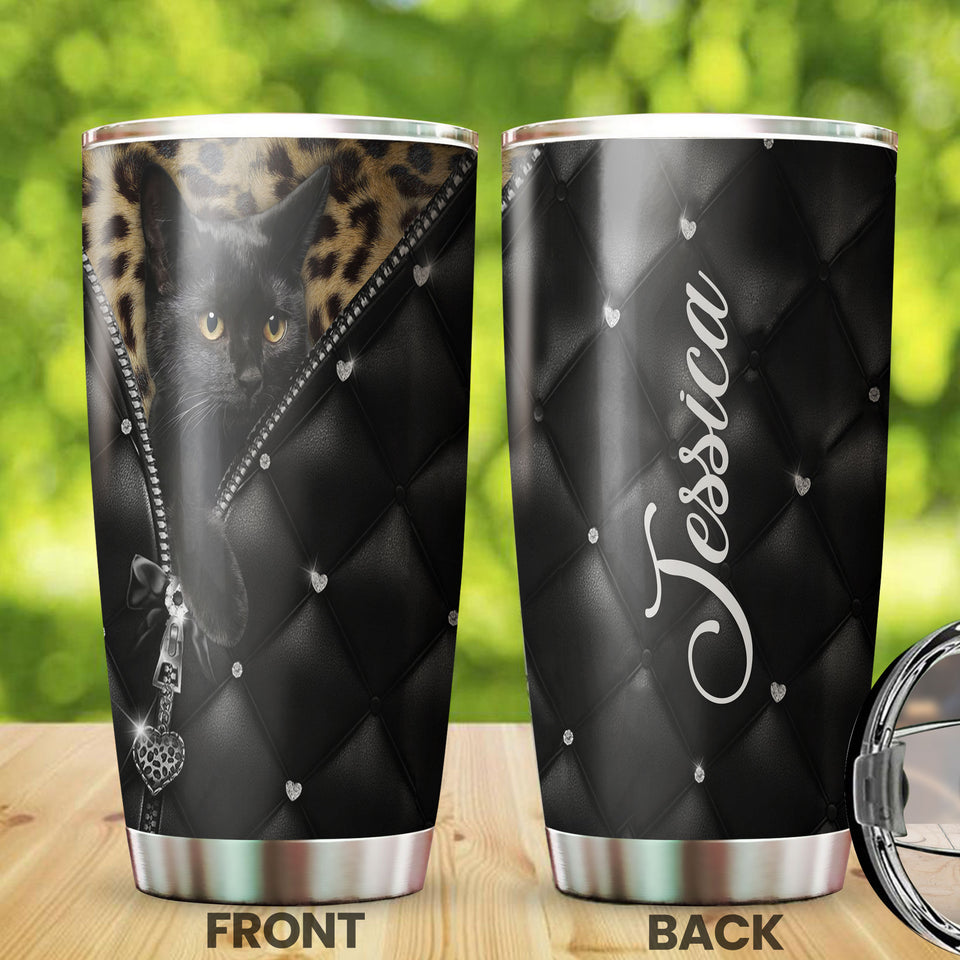 Camellia Personalized Black Cat Leather Style  Stainless Steel Tumbler-Sweat-Proof Gift For Cat Lover Mom Cat
