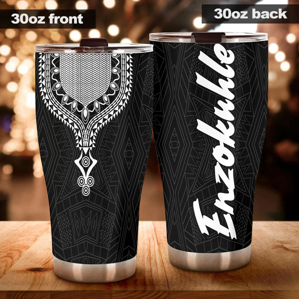 Camellia Personalized Black White Dashiki Stainless Steel Tumbler - Double-Walled Insulation Vacumm Flask - Gift For Christmas, Thanksgiving, Birthday