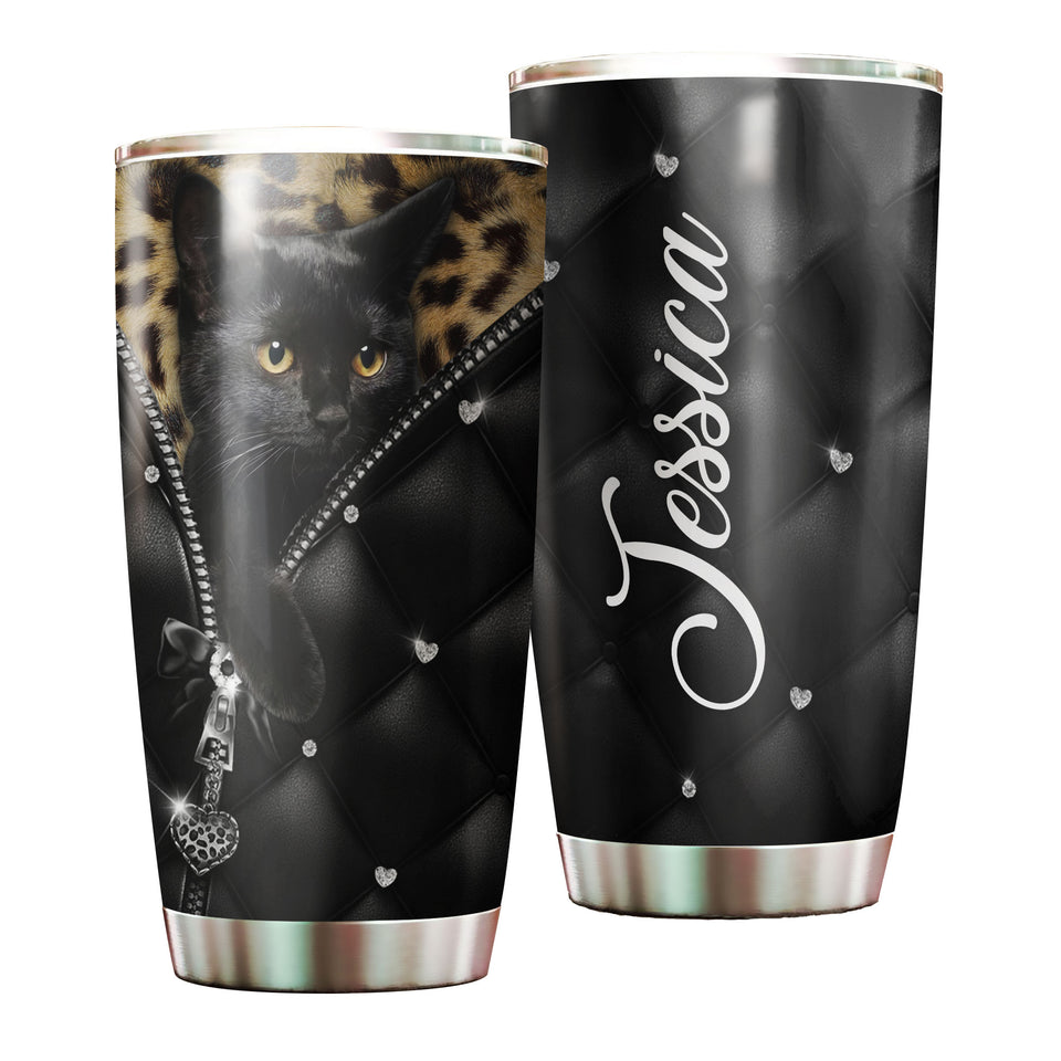 Camellia Personalized Black Cat Leather Style  Stainless Steel Tumbler-Sweat-Proof Gift For Cat Lover Mom Cat