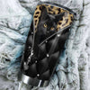 Camellia Personalized Black Cat Leather Style  Stainless Steel Tumbler-Sweat-Proof Gift For Cat Lover Mom Cat