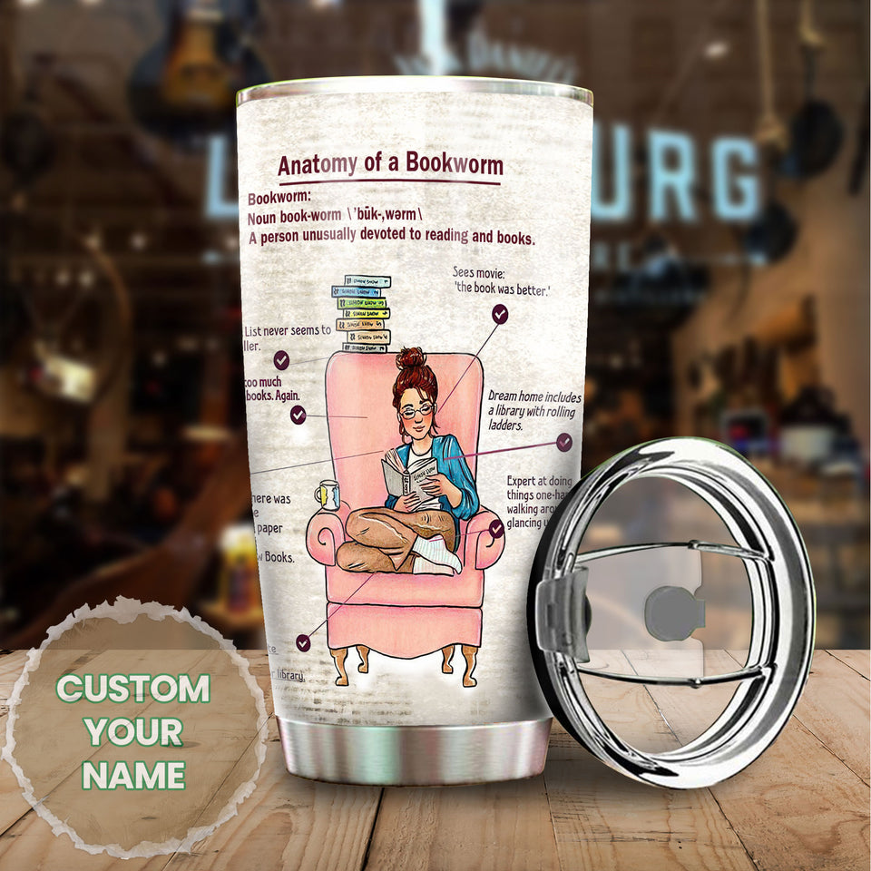 Camellia Personalized  Anatomy  Of A Bookworm Stainless Steel Tumbler - Double-Walled Insulation Vacumm Flask - Gift For Book Lovers, Nerd, International Book Day