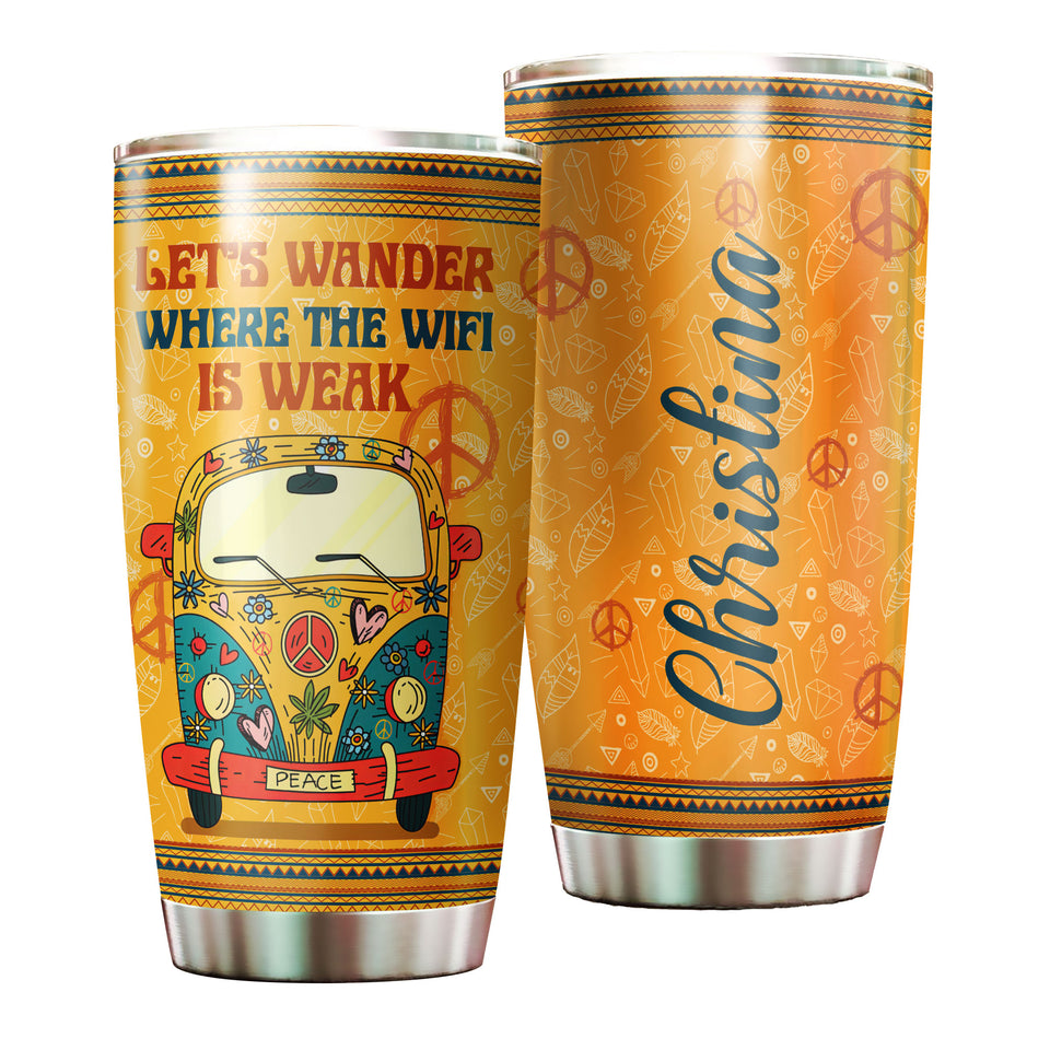 Camellia Personalized Hippie Van Let's Wander Where The Wifi Is Weak Stainless Steel Tumbler- Sweat-Proof Double Wall Travel Cup With Lid
