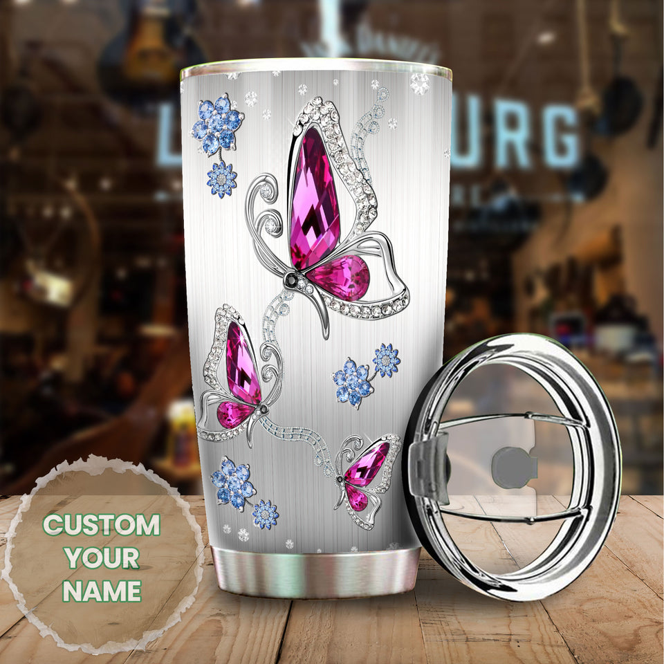 Camellia Personalized Butterfly Jewelry Style  Pink Stainless Steel Tumbler - Double-Walled Insulation Vacumm Flask - For Thanksgiving, Memorial Day, Christians, Christmas Gift