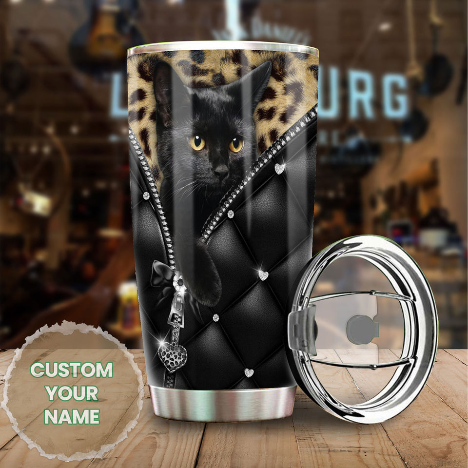 Camellia Personalized Black Cat Leather Style  Stainless Steel Tumbler-Sweat-Proof Gift For Cat Lover Mom Cat