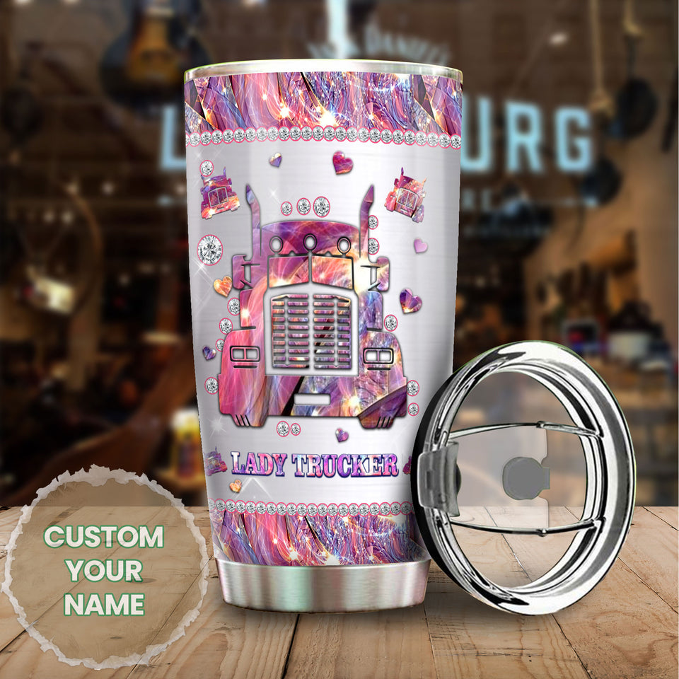 Camellia Personalized Lady Trucker Pink Stainless Steel Tumbler-Double-Walled Insulation Travel Cup With Lid Gift For Lady