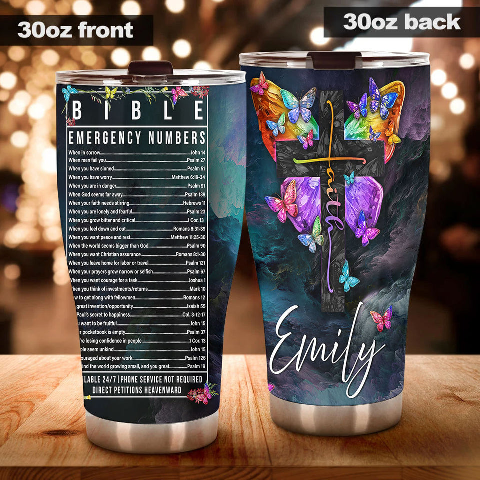 Camellia Personalized Butterfly Faith Cross Bible Emergency Numbers Stainless Steel Tumbler - Double-Walled Insulation Vacumm Flask - For Thanksgiving, Memorial Day, Christians, Christmas Gift