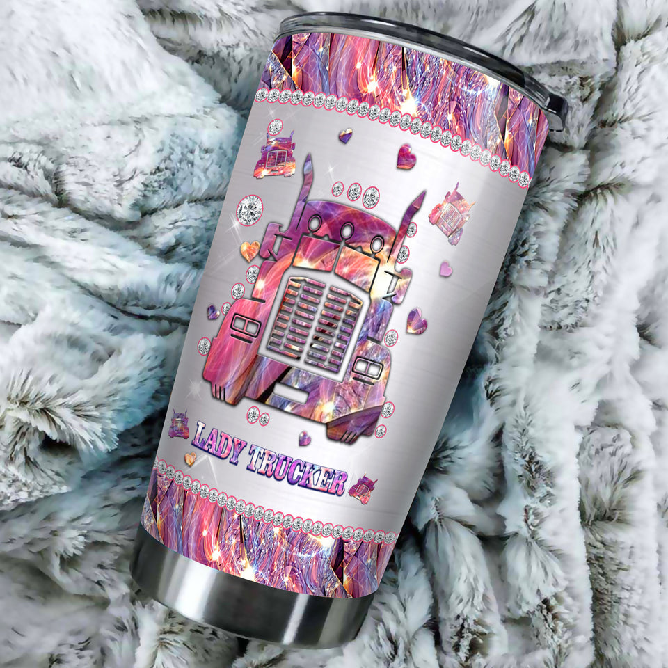 Camellia Personalized Lady Trucker Pink Stainless Steel Tumbler-Double-Walled Insulation Travel Cup With Lid Gift For Lady