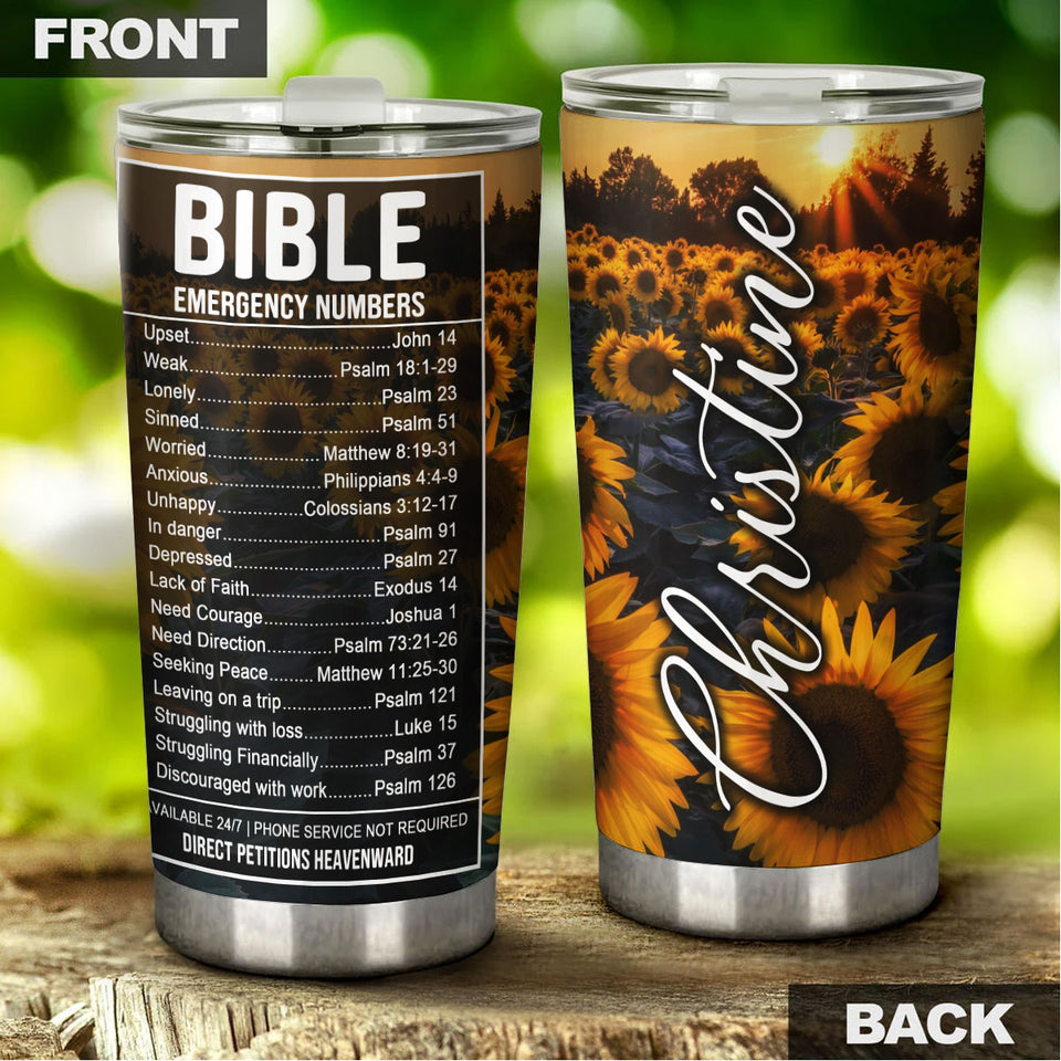 Camellia Personalized Sunflowers Bible Emergency Numbers Stainless Steel Tumbler - Customized Double-Walled Insulation Travel Thermal Cup With Lid