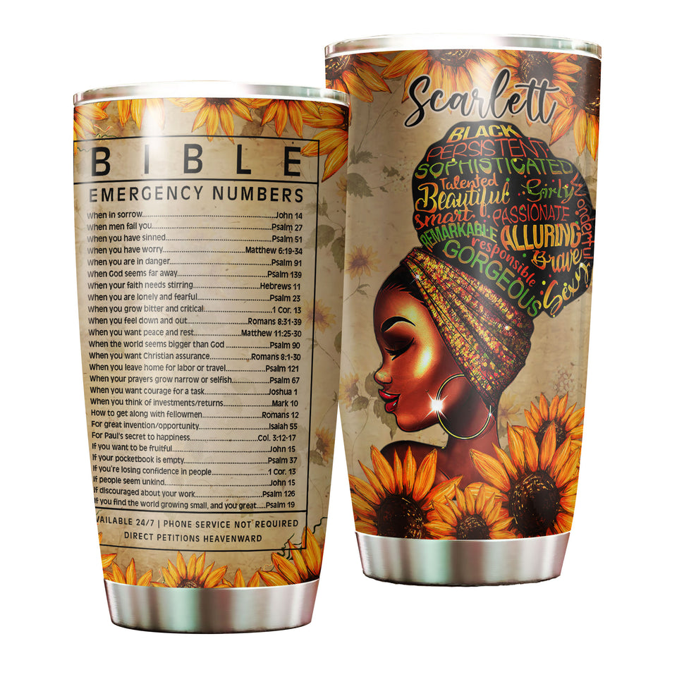 Camellia Personalized Black Women Bible Stainless Steel Tumbler - Double-Walled Insulation Vacumm Flask - Gift For Black Queen, International Women's Day, Hippie Girls