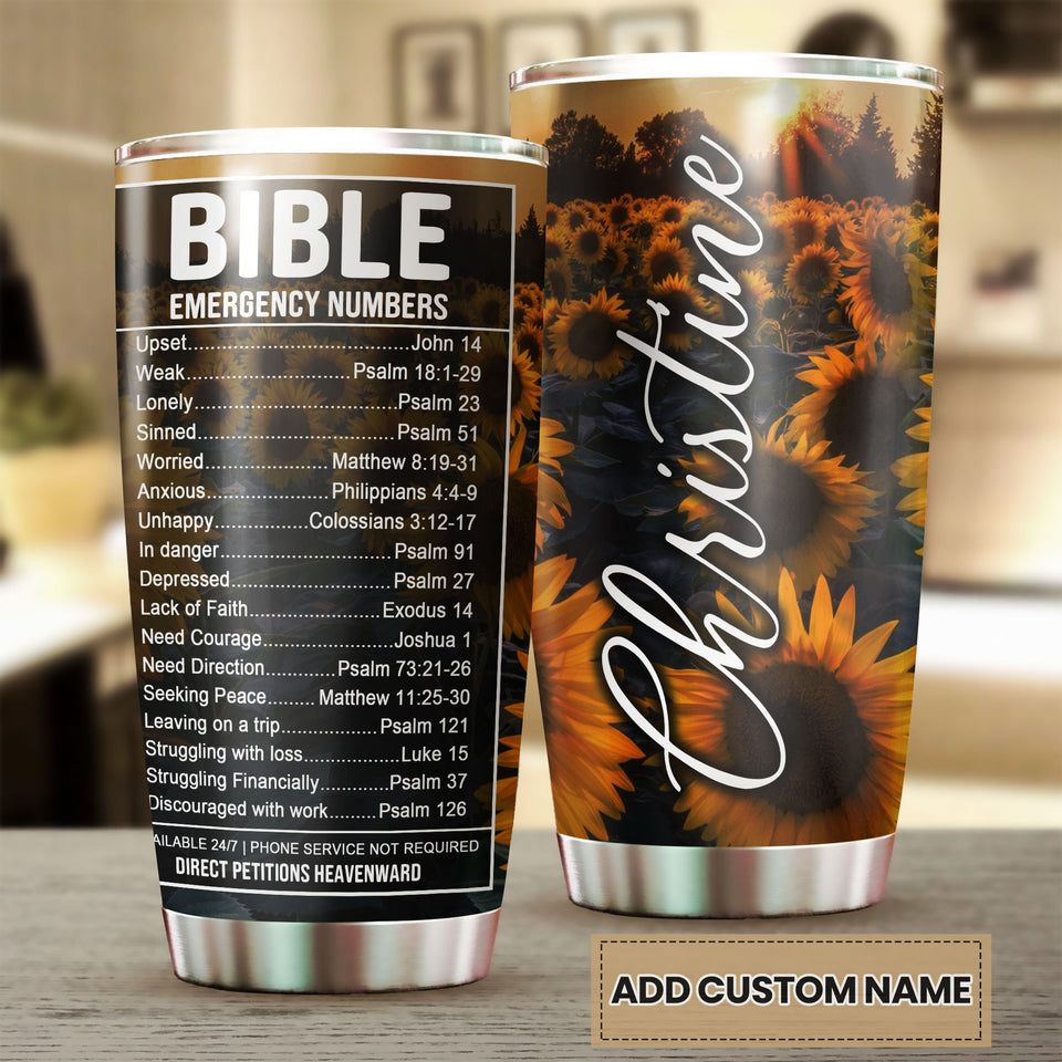 Camellia Personalized Sunflowers Bible Emergency Numbers Stainless Steel Tumbler - Customized Double-Walled Insulation Travel Thermal Cup With Lid