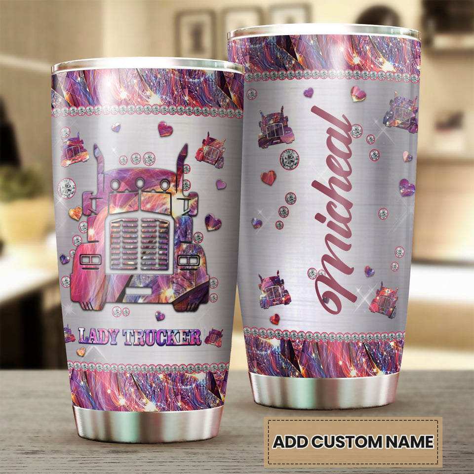Camellia Personalized Lady Trucker Pink Stainless Steel Tumbler-Double-Walled Insulation Travel Cup With Lid Gift For Lady
