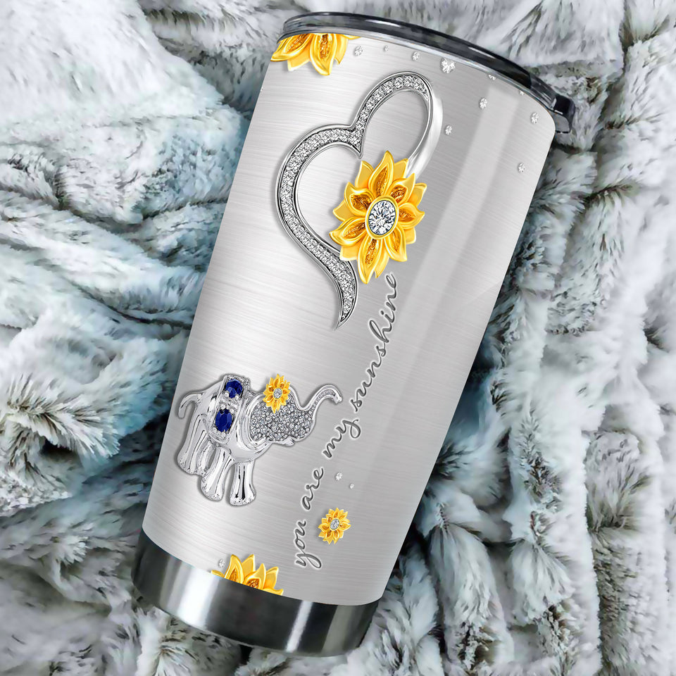 Camellia Personalized You Are My Sunshine Elephant Diamond Style Stainless Steel Tumbler-Wall Insulated Cup With Lid Travel Mug  01