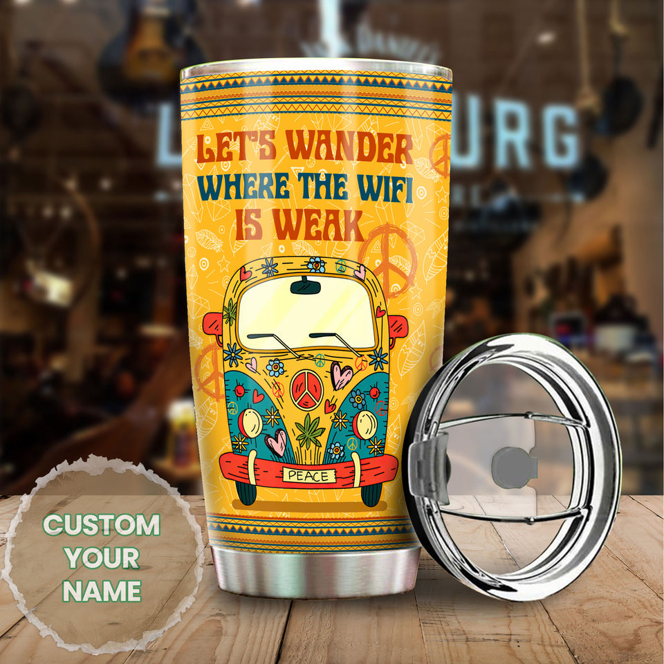 Camellia Personalized Hippie Van Let's Wander Where The Wifi Is Weak Stainless Steel Tumbler- Sweat-Proof Double Wall Travel Cup With Lid