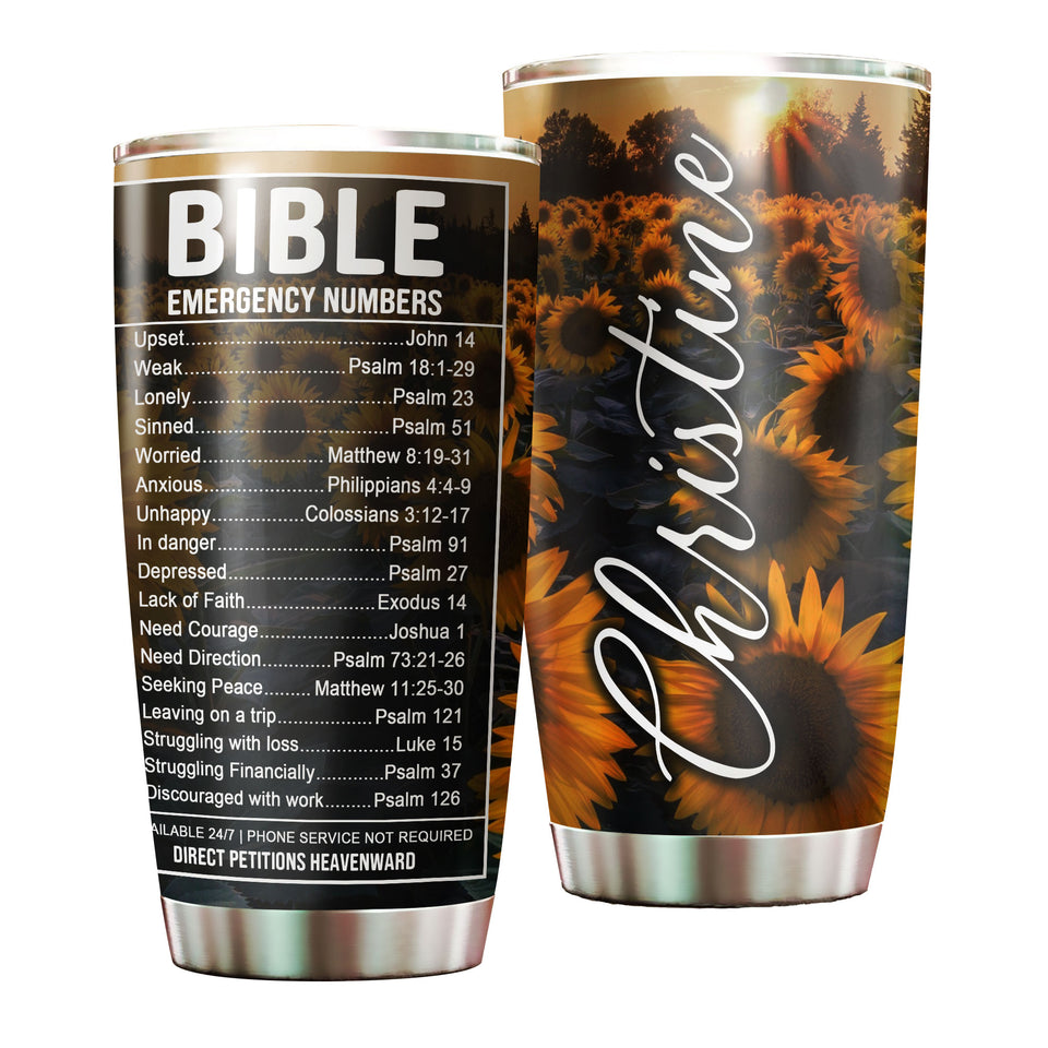 Camellia Personalized Sunflowers Bible Emergency Numbers Stainless Steel Tumbler - Customized Double-Walled Insulation Travel Thermal Cup With Lid