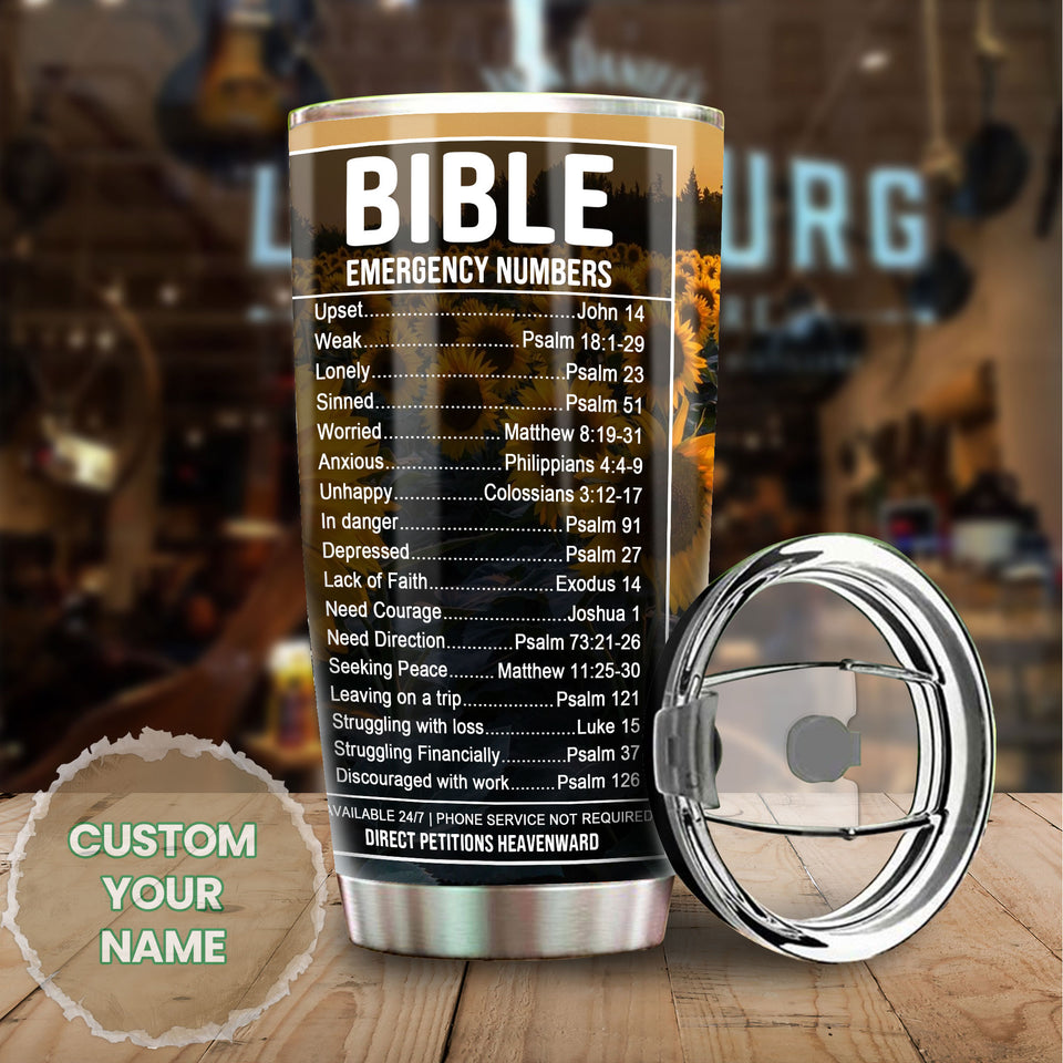 Camellia Personalized Sunflowers Bible Emergency Numbers Stainless Steel Tumbler - Customized Double-Walled Insulation Travel Thermal Cup With Lid