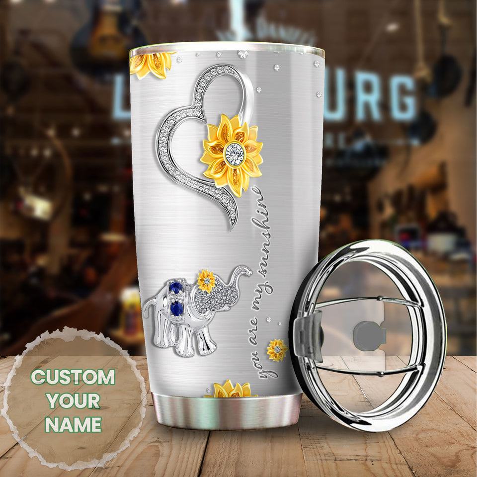 Camellia Personalized You Are My Sunshine Elephant Diamond Style Stainless Steel Tumbler-Wall Insulated Cup With Lid Travel Mug  01
