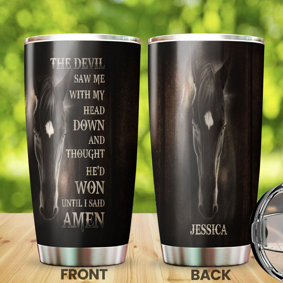 Camellia Personalized Horse The Devil Saw Me With My Head Down Stainless Steel Tumbler - Double-Walled Insulation Vacumm Flask - Gift For Horse Lovers, Cowgirls, Cowboys, Perfect Christmas Gift