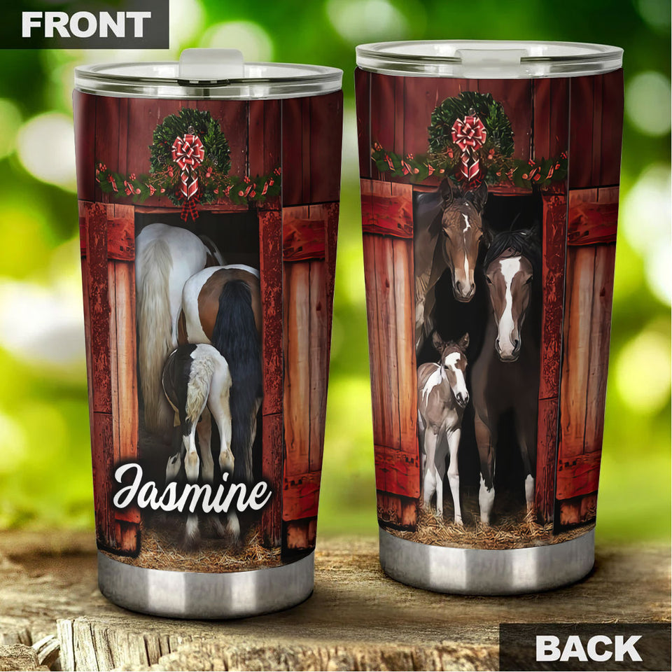 Camellia Personalized Horse Christmas Stainless Steel Tumbler - Double-Walled Insulation Vacumm Flask - Gift For Horse Lovers, Cowgirls, Cowboys, Perfect Christmas, Thanksgiving Gift