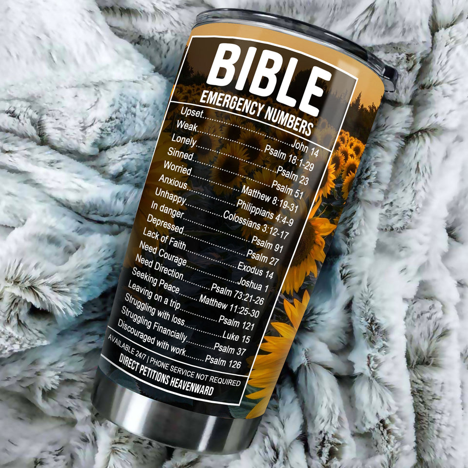 Camellia Personalized Sunflowers Bible Emergency Numbers Stainless Steel Tumbler - Customized Double-Walled Insulation Travel Thermal Cup With Lid