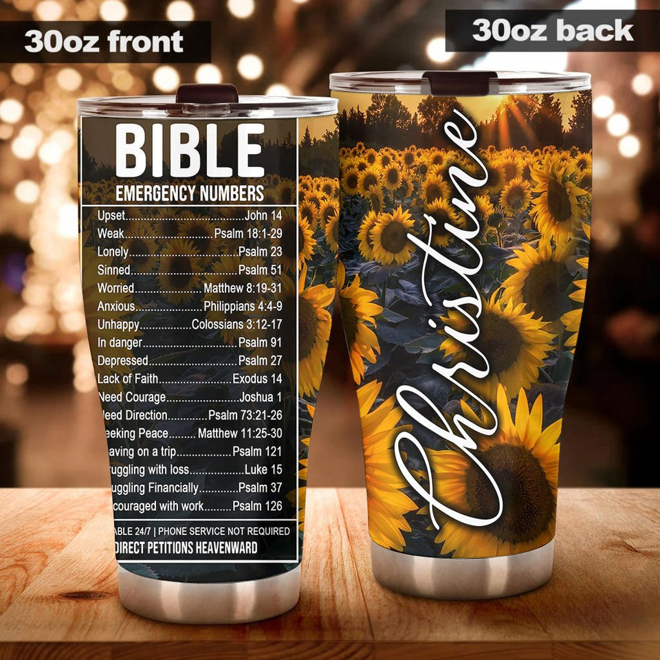 Camellia Personalized Sunflowers Bible Emergency Numbers Stainless Steel Tumbler - Customized Double-Walled Insulation Travel Thermal Cup With Lid