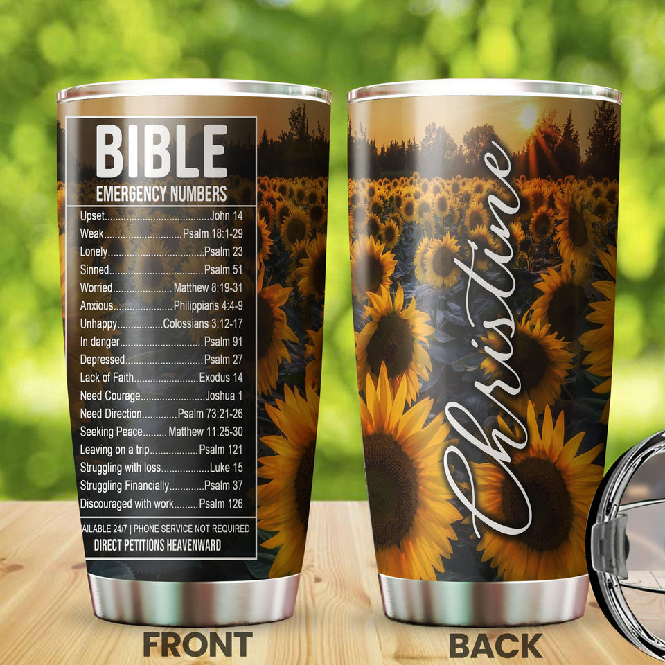 Camellia Personalized Sunflowers Bible Emergency Numbers Stainless Steel Tumbler - Customized Double-Walled Insulation Travel Thermal Cup With Lid