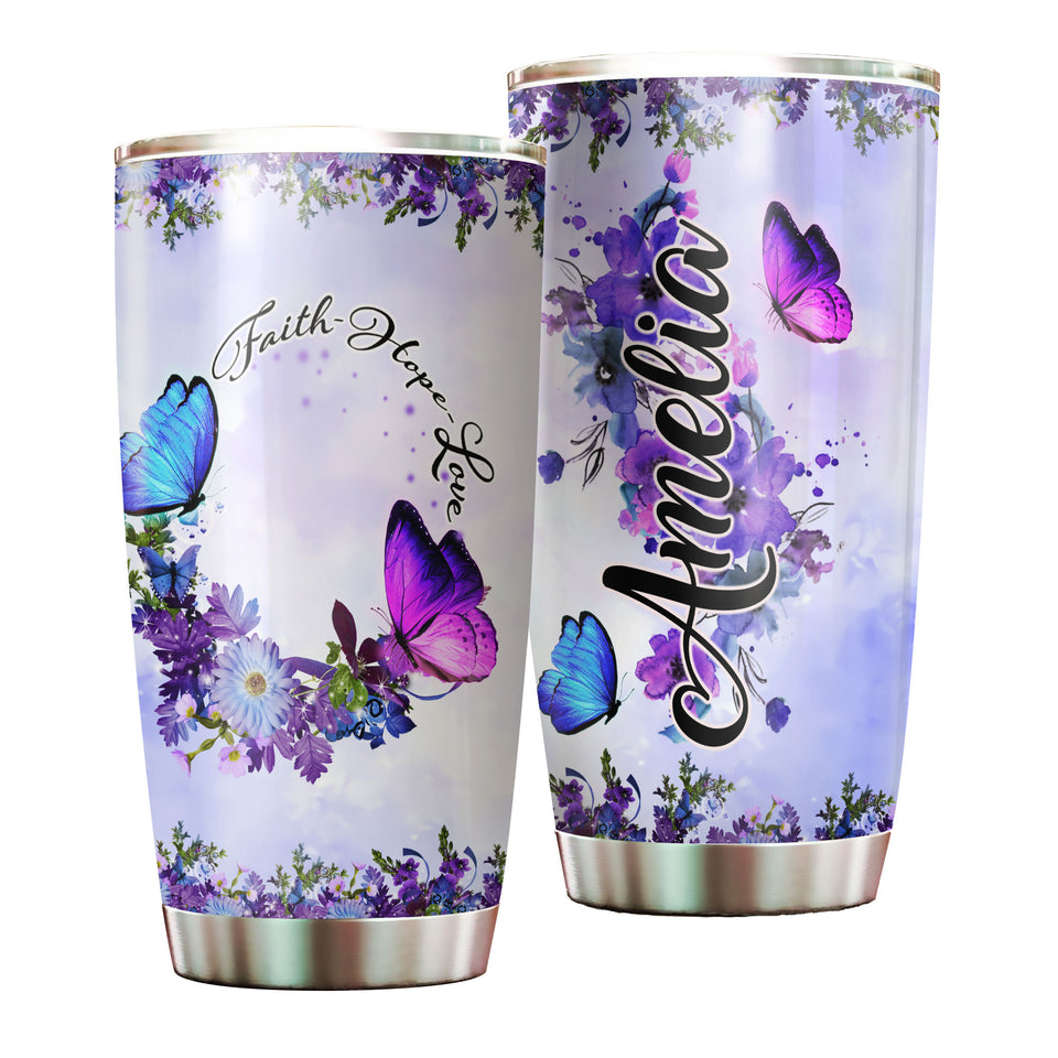 Camellia Personalized Butterfly Faith Flowers Stainless Steel Tumbler - Double-Walled Insulation Vacumm Flask - For Thanksgiving, Memorial Day, Christians, Christmas Gift