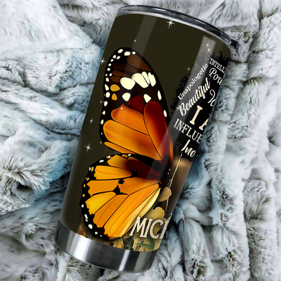 Camellia Personalized Black Women Butterfly Wings Stainless Steel Tumbler - Double-Walled Insulation Vacumm Flask - Gift For Black Queen, International Women's Day, Hippie Girls