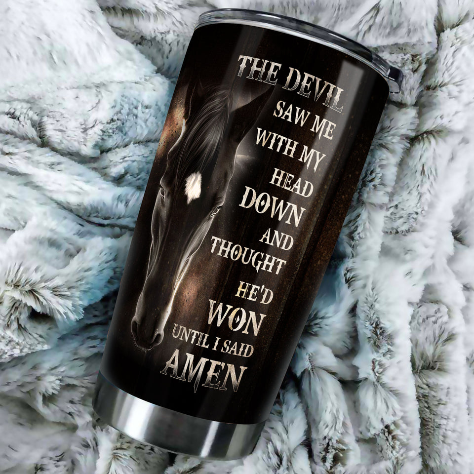 Camellia Personalized Horse The Devil Saw Me With My Head Down Stainless Steel Tumbler - Double-Walled Insulation Vacumm Flask - Gift For Horse Lovers, Cowgirls, Cowboys, Perfect Christmas Gift