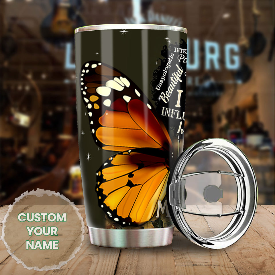 Camellia Personalized Black Women Butterfly Wings Stainless Steel Tumbler - Double-Walled Insulation Vacumm Flask - Gift For Black Queen, International Women's Day, Hippie Girls