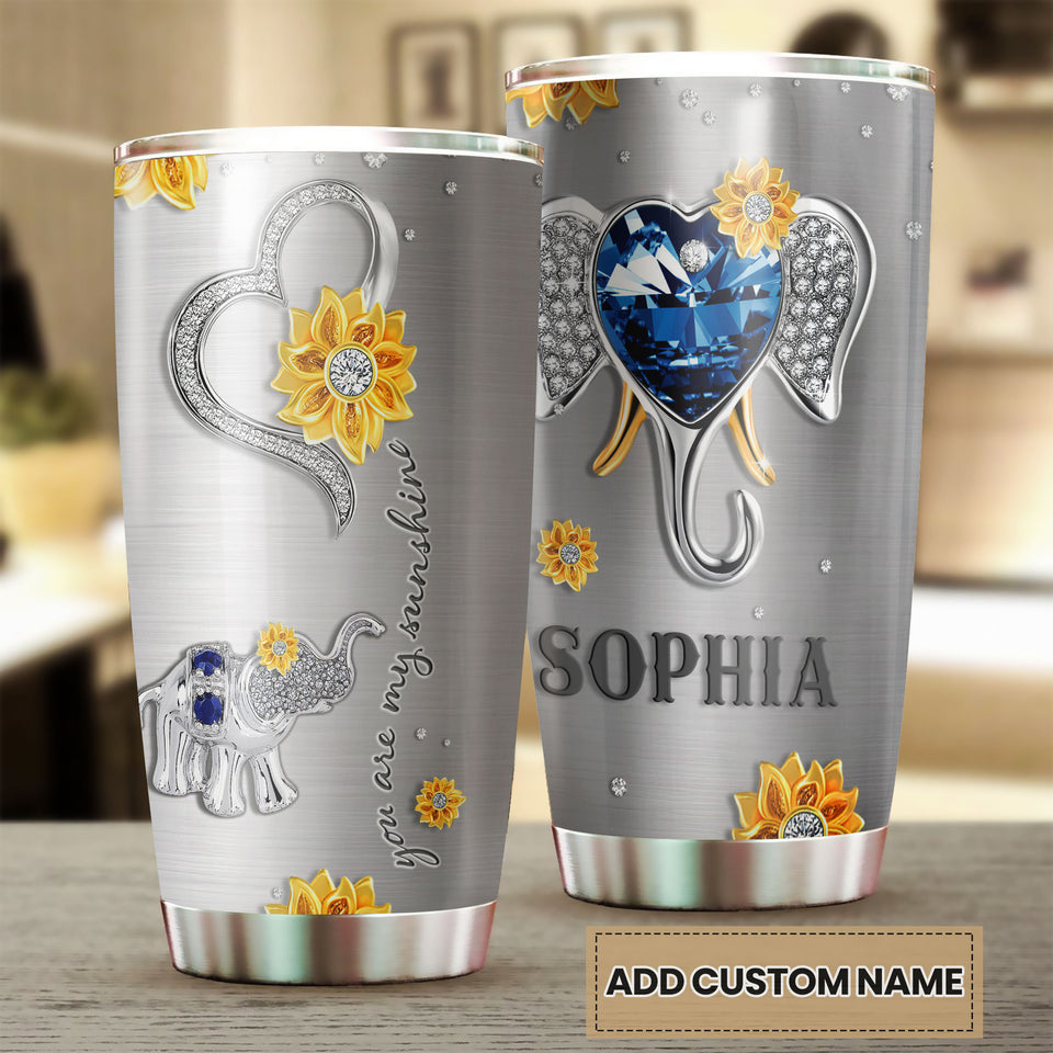 Camellia Personalized You Are My Sunshine Elephant Diamond Style Stainless Steel Tumbler-Wall Insulated Cup With Lid Travel Mug  01