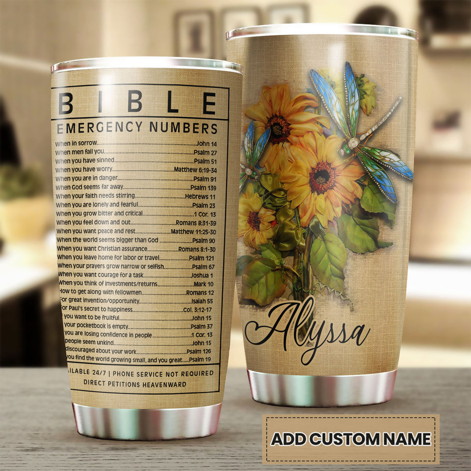 Camellia Personalized Sunflowers Bible Emergency Numbers Stainless Steel Tumbler - Customized Double-Walled Insulation Travel Thermal Cup With Lid Gift For Christian
