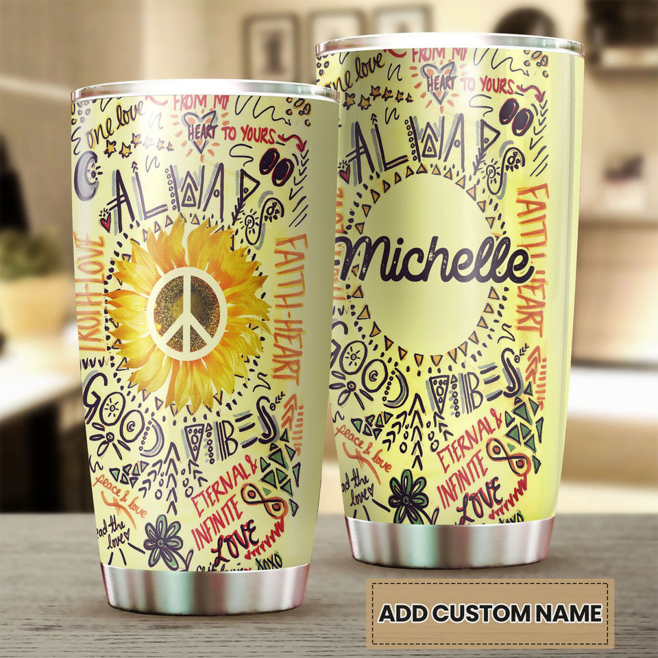 Camellia Personalized Always Good Vibes Doodle Hippie Style Stainless Steel Tumbler-Double-Walled Travel Therma Cup With Lid