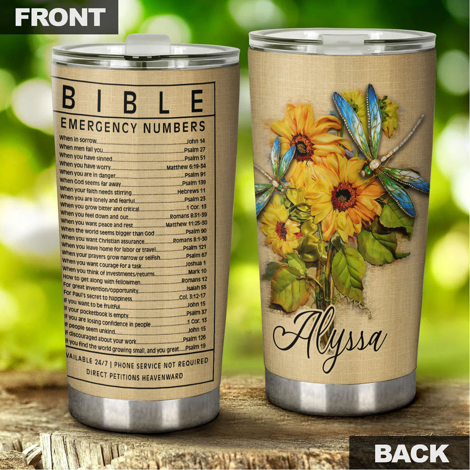 Camellia Personalized Sunflowers Bible Emergency Numbers Stainless Steel Tumbler - Customized Double-Walled Insulation Travel Thermal Cup With Lid Gift For Christian