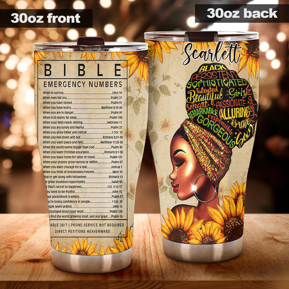 Camellia Personalized Black Women Bible Stainless Steel Tumbler - Double-Walled Insulation Vacumm Flask - Gift For Black Queen, International Women's Day, Hippie Girls