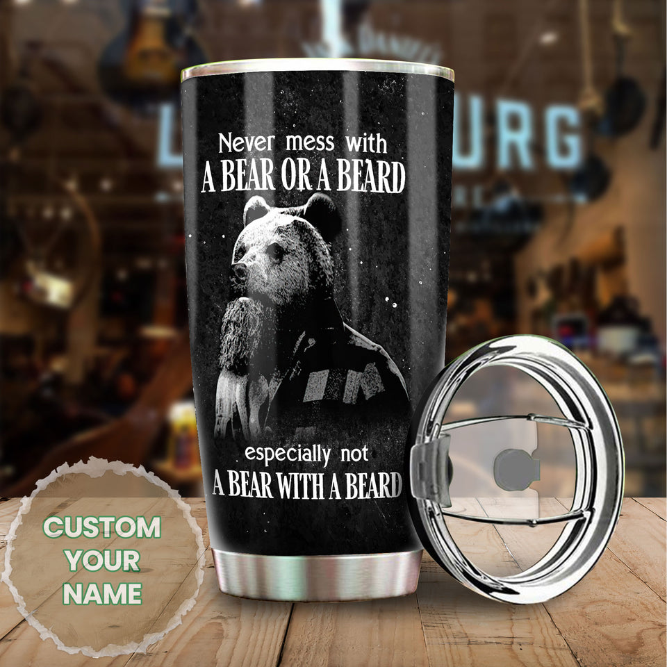 Camellia Persionalized 3D Never Mess With A Bear Or A Beard Stainless Steel Tumbler - Customized Double - Walled Insulation Travel Thermal Cup With Lid