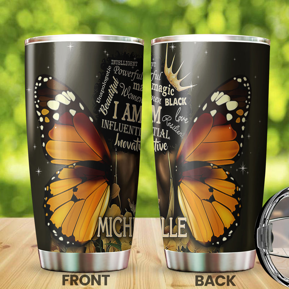Camellia Personalized Black Women Butterfly Wings Stainless Steel Tumbler - Double-Walled Insulation Vacumm Flask - Gift For Black Queen, International Women's Day, Hippie Girls