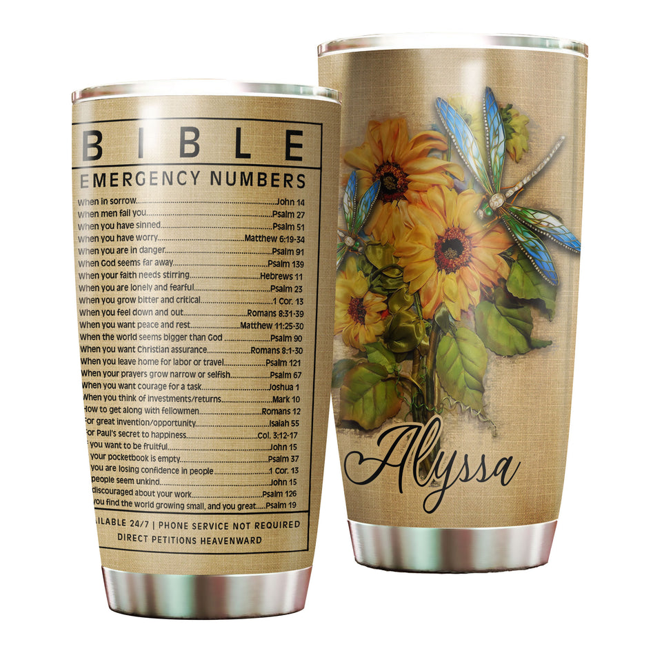 Camellia Personalized Sunflowers Bible Emergency Numbers Stainless Steel Tumbler - Customized Double-Walled Insulation Travel Thermal Cup With Lid Gift For Christian